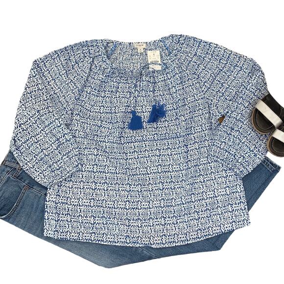 NWT J. Crew Blue and White Raglan Cotton Tassel Tie Boho Top  - SIZE MEDIUM - Picture 2 of 10